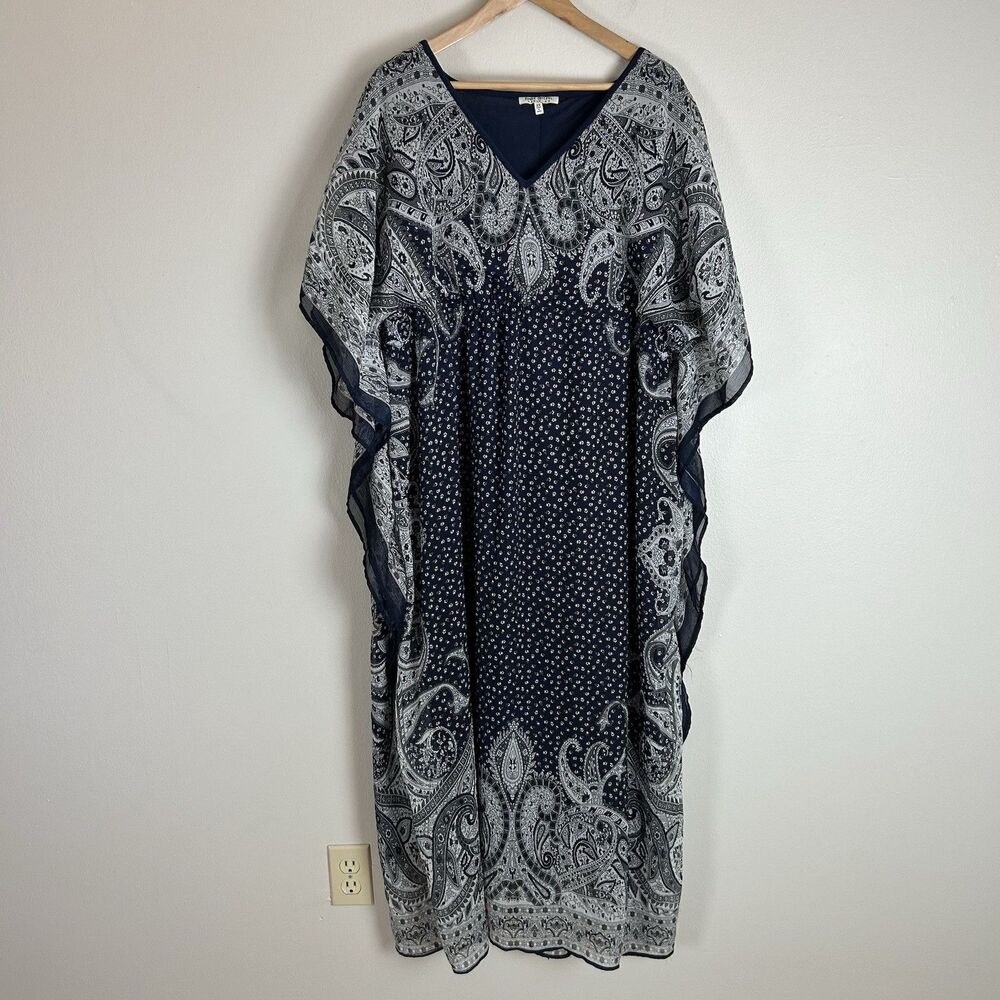 Kaftan Dress Maxi Size 2X Kimono Batwing Ruffle Paisley Chiffon Long Shift